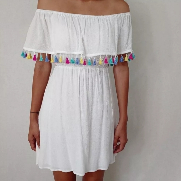 NWT Tassel Off The Shoulder Mini Dress - White - Picture 2 of 5